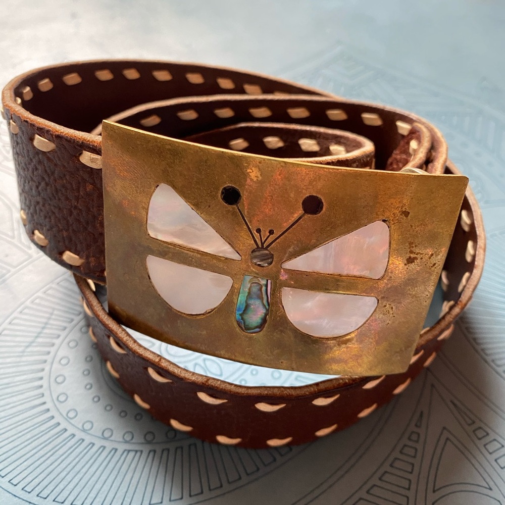 Vintage leather belt with brass buckle